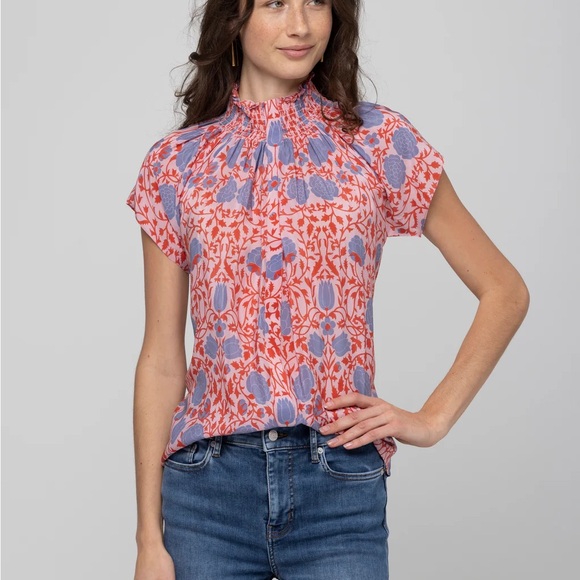 Rungolee || Katarina Silk Blouse High Neck Ruffle in Monet Multi Floral Pink M - Picture 2 of 9